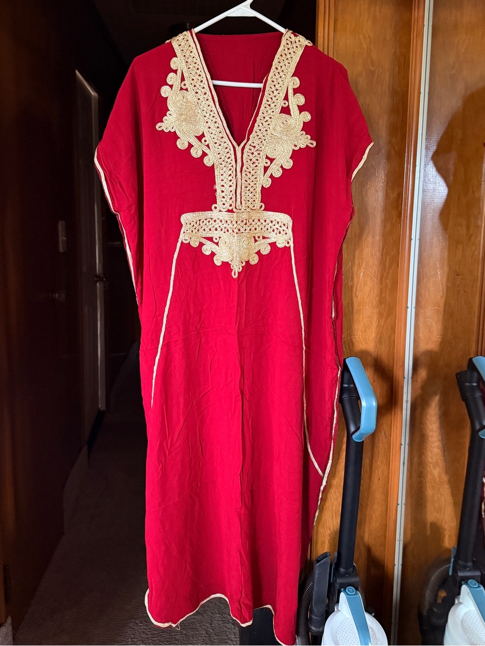 Moroccan Red Embroidered V-Neck Women's Kaftan with Gold Trim XS-M